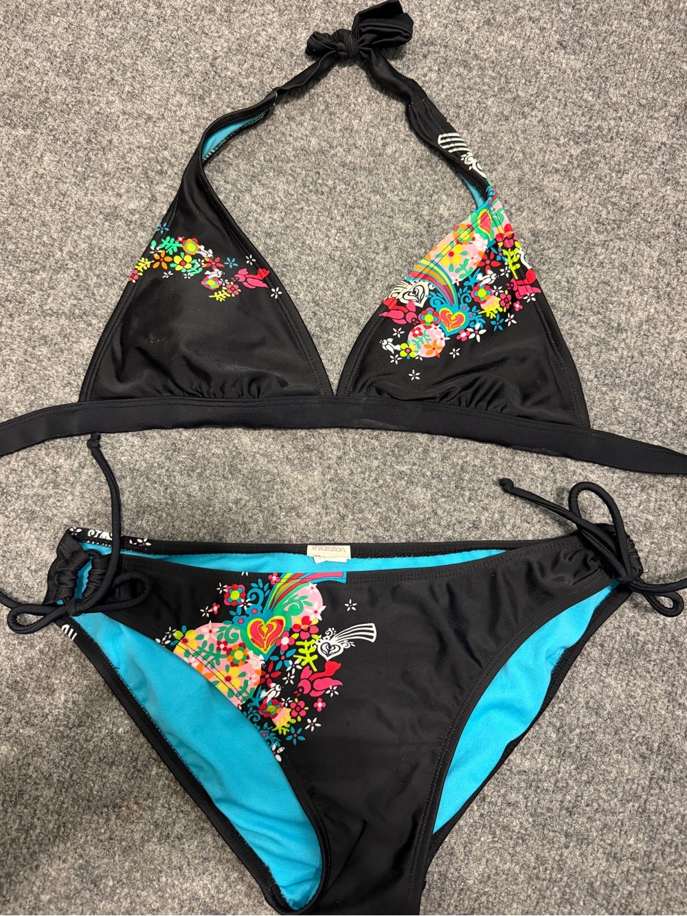Xhilaration Black Bikini with Turquoise Lining and Multicolor Floral Print